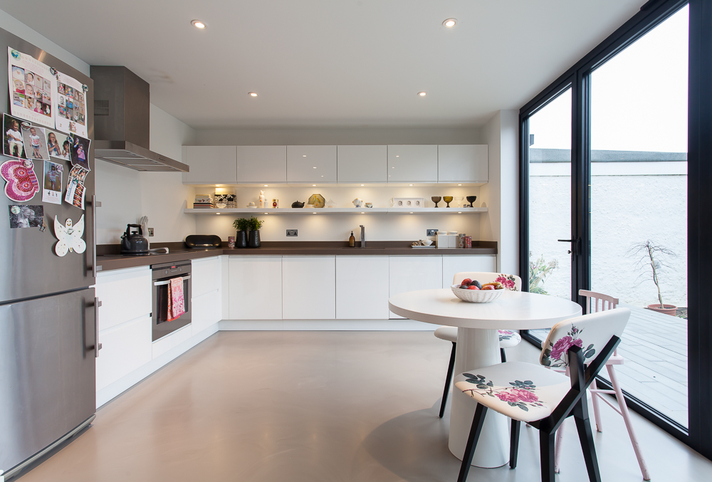 light grey seamless floor in a residential kitchen