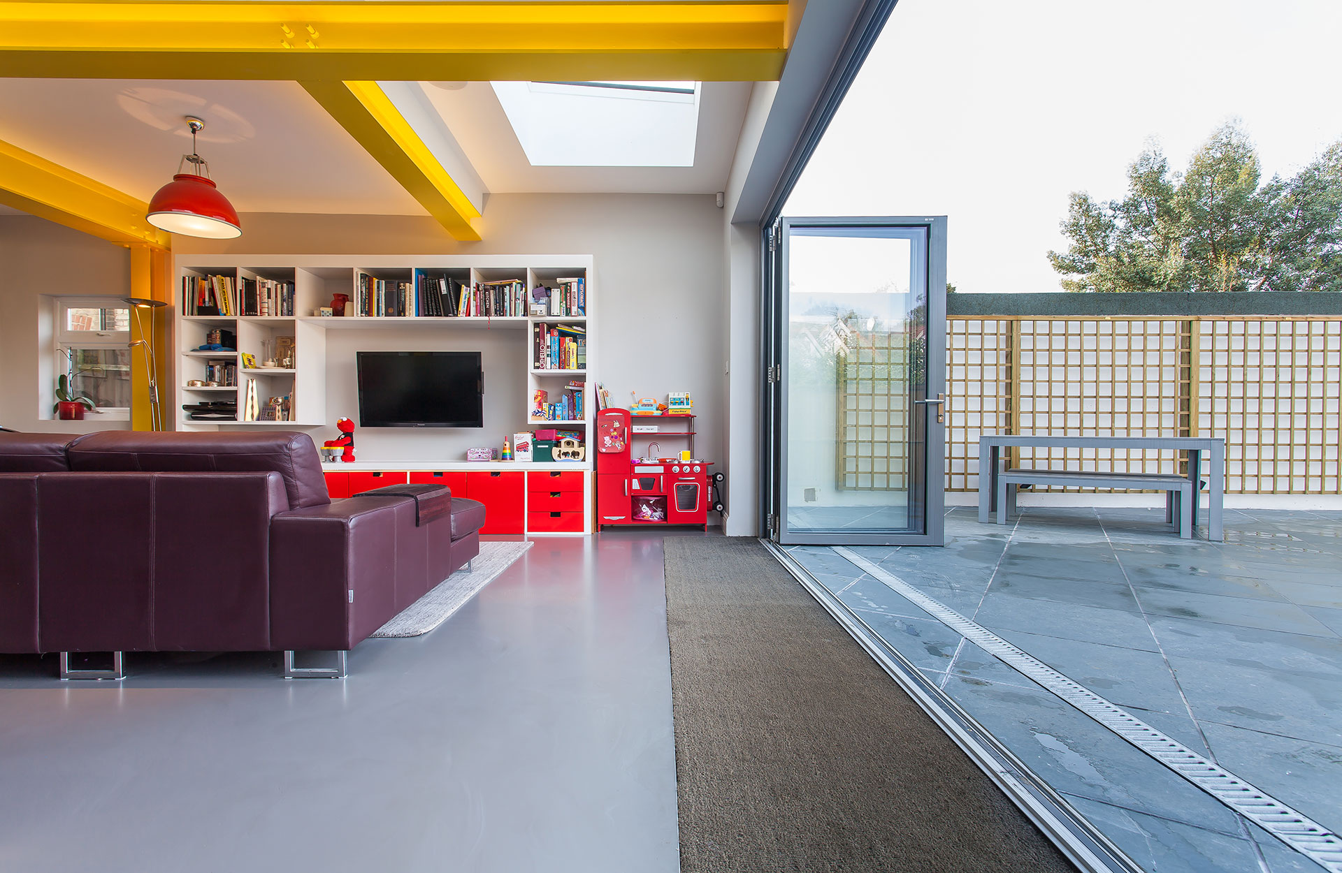 open plan kitchen with light grey seamless floor