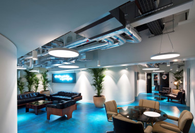 A blue resin floor in an office