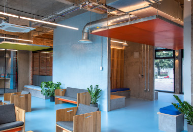 A blue resin floor in a student accommodation