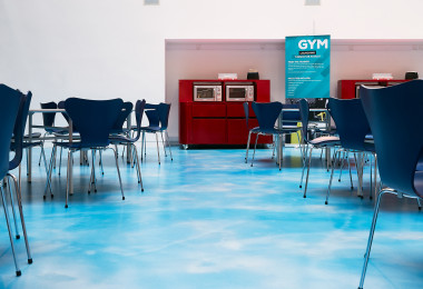 Commercial resin floor in a blue sky design in a cafe