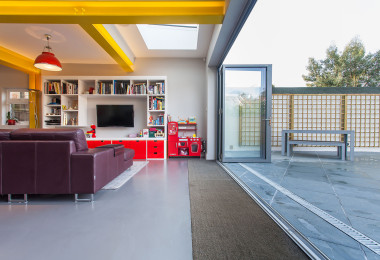 open plan kitchen with light grey seamless floor