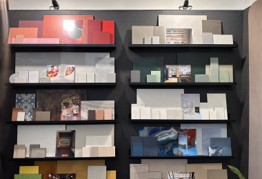 resin floor and wall sample wall with red and blue photos