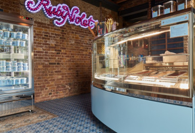 A patterned resin floor in an ice cream shop