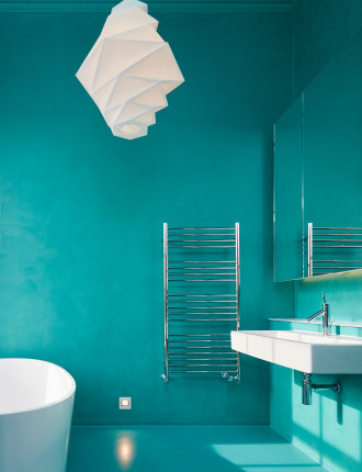 turquoise micro-cement bathroom wall 