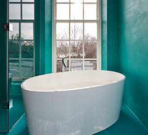 bathroom with blue resin walls 