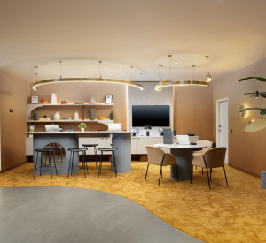 A lighter photo of the previous recpetion desk with resin flooring