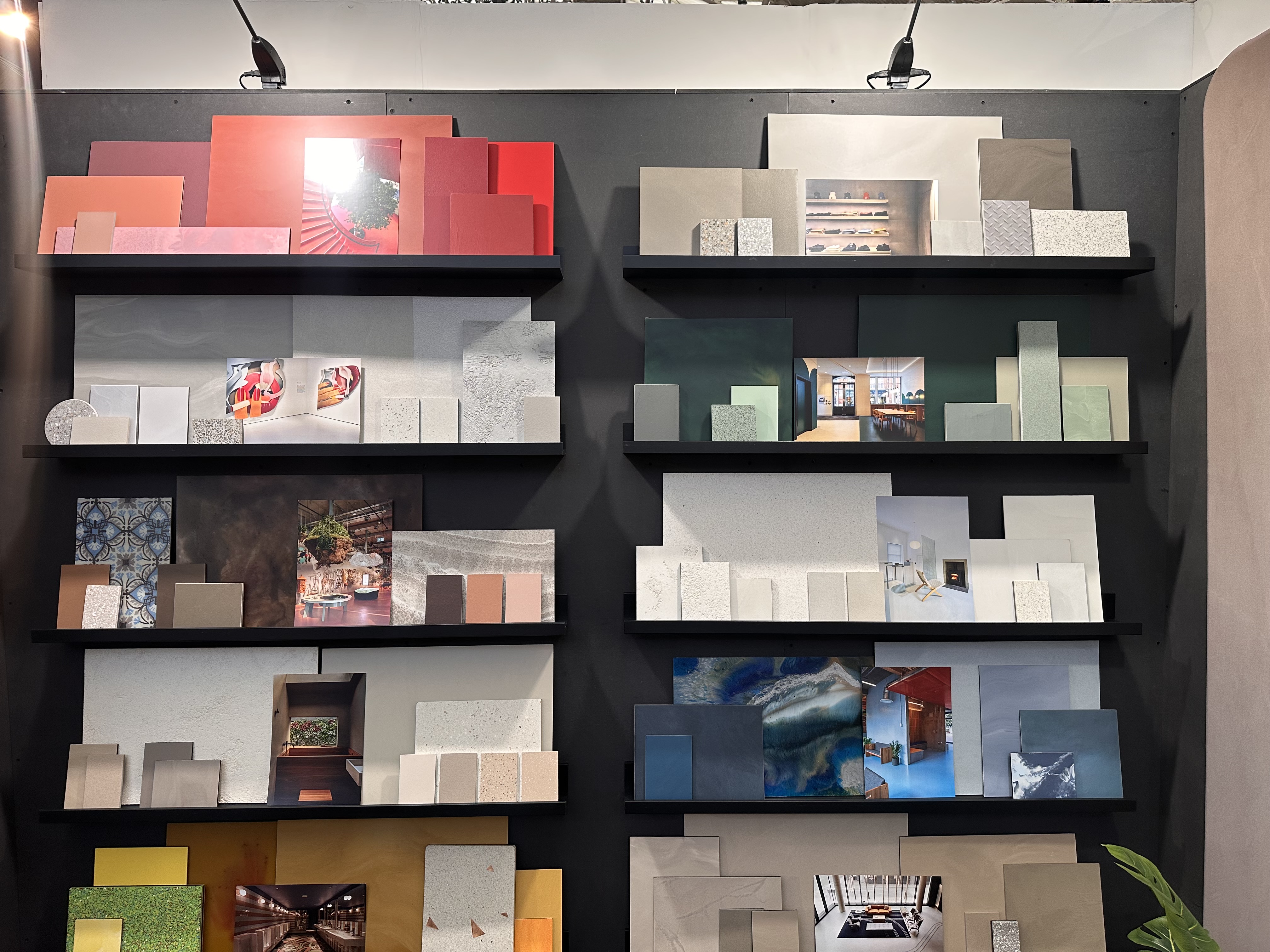 resin floor and wall sample wall with red and blue photos