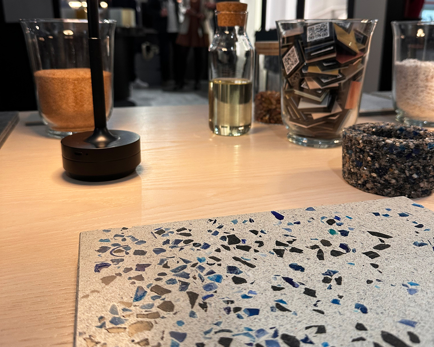 resin terrazzo sample with blue crushed glass