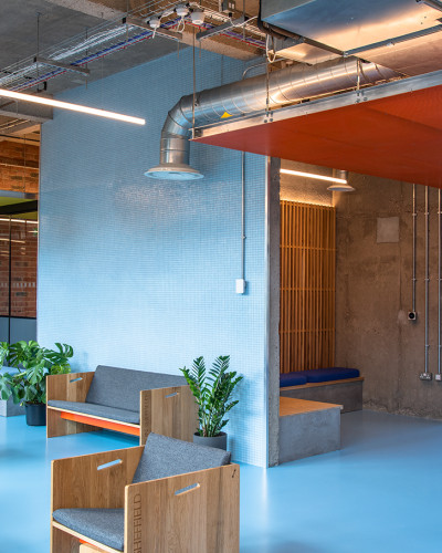 A blue resin floor in a student accommodation