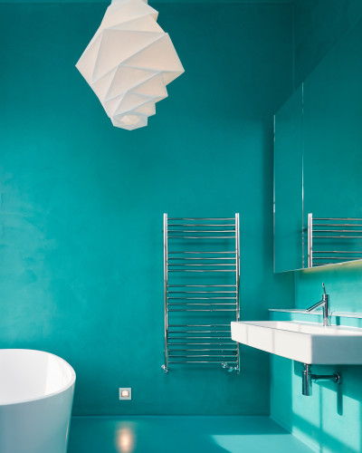 Turquoise matching bathroom resin wall finish and floor